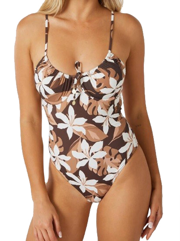 Woman Underwire One Piece Swimsuit in Brown Leaf