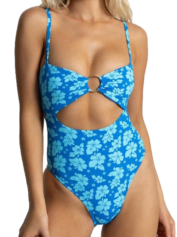 Woman Front Ring One Piece Swimsuit in Blue Flower