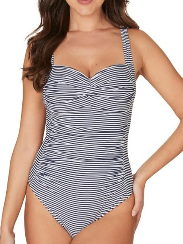 Woman Front Cross Over One Piece Swimsuit in Stripe Print