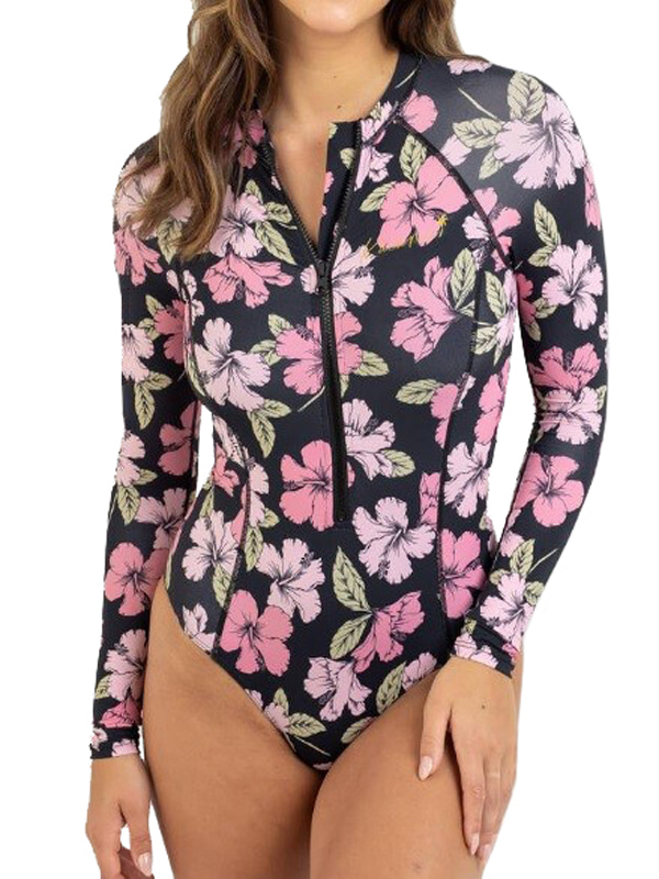 Woman Front Zip UV Rashguard Swimsuit in Leaf Print