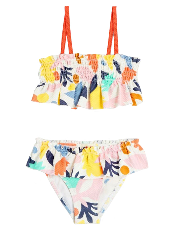 Girl Texture Gathering Frill Bikini Swimwear in Orange Leaf