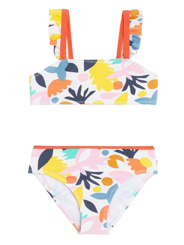 Girl Texture Frill Bikini Swimwear in Orange Leaf