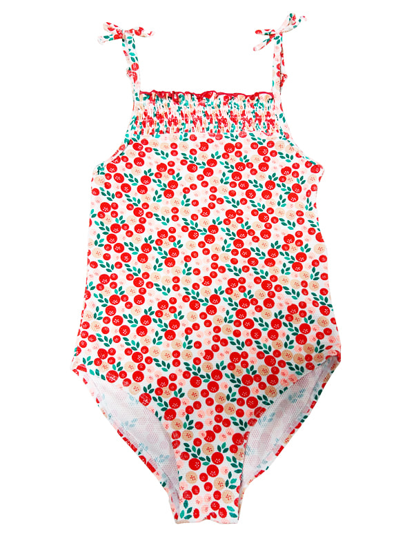 Girl Texture Gathering One Piece Swimsuit in Red Fruit