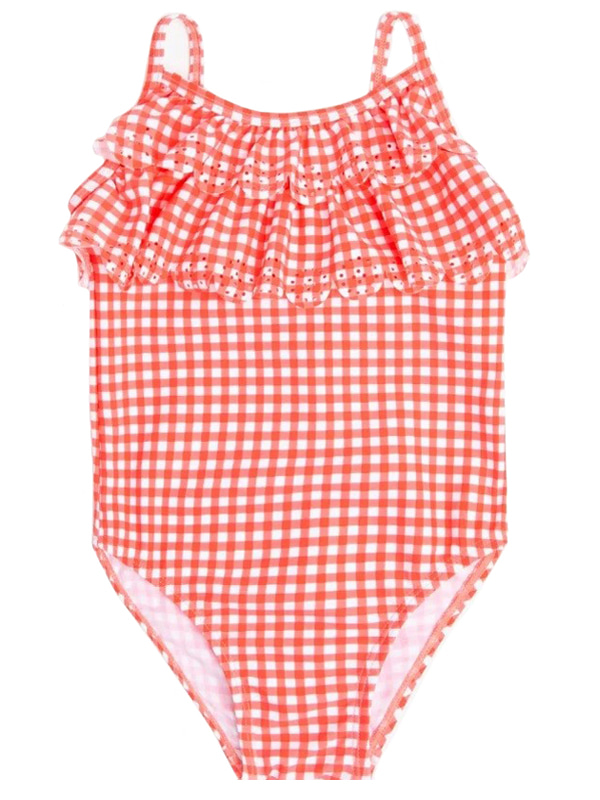 Girl Laser Cut Frill One Piece Swimsuit in Red Checks