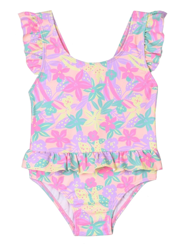 Girl Frill One Piece Swimsuit in Pink Leaf