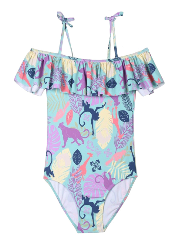 Girl Shoulder Frill One Piece Swimsuit in Animal Print