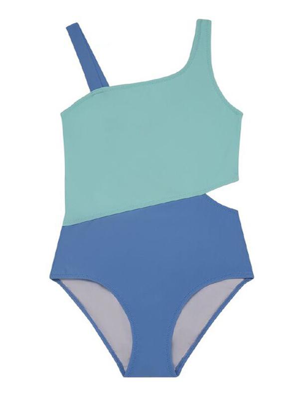 Girl Hole at Waist One Piece Swimsuit in Contrast Blue