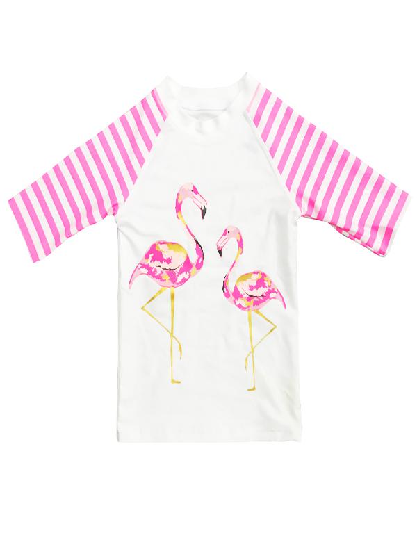 Girl Short Sleeve Flamingo UV Rashguard Swimwear in White