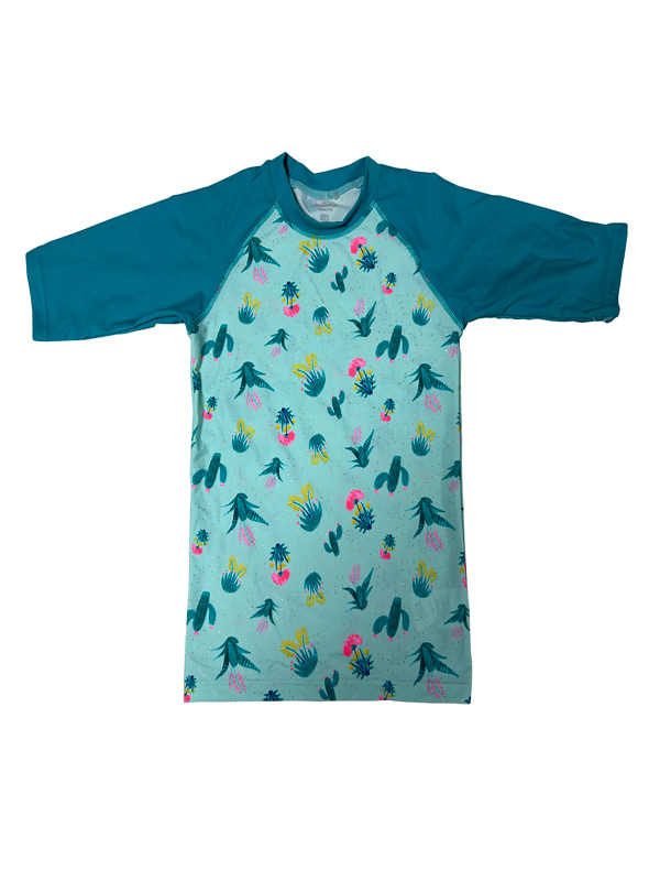 Girl Short Sleeve UV Rashguard Swimwear in Coral Foil Print