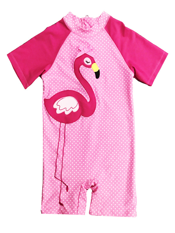 Girl Short Sleeve Flamingo UV Rashguard Swimsuit in Pink Dot