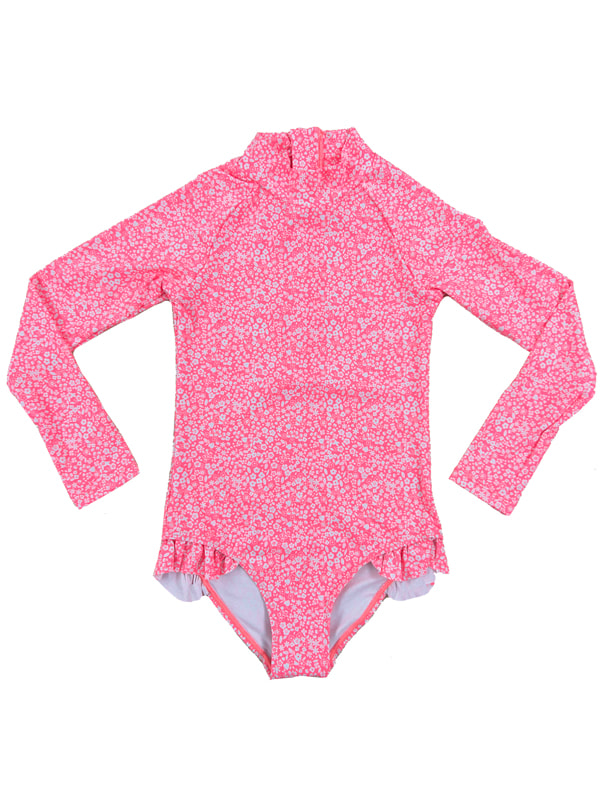 Girl Long Sleeve UV Rashguard Swimsuit in Pink Leaf