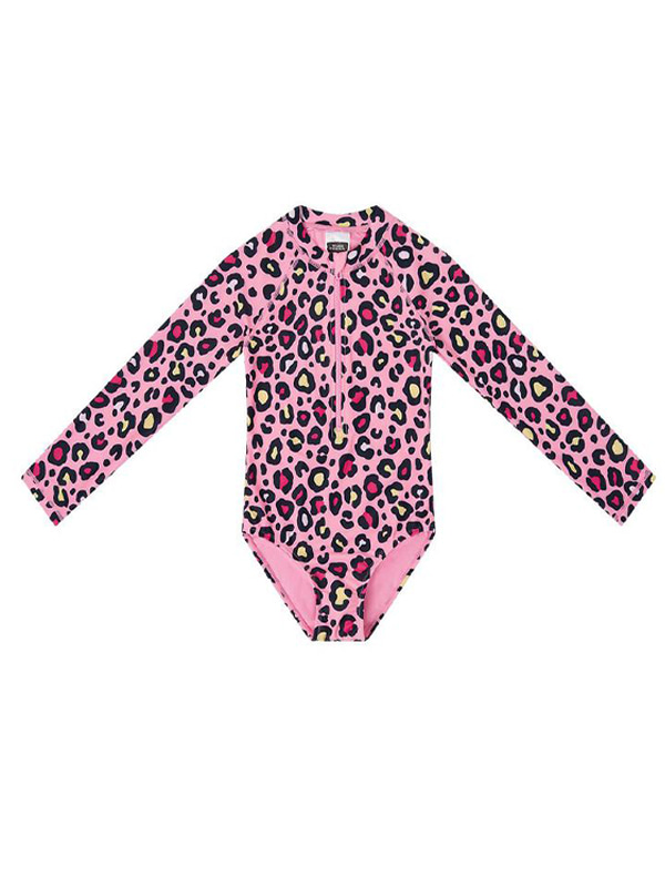 Girl Long Sleeve UV Rashguard Swimsuit in Pink Print