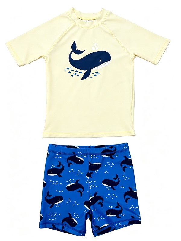Boy Short Sleeve UV Rashguard Set with Shorts in Yellow Print