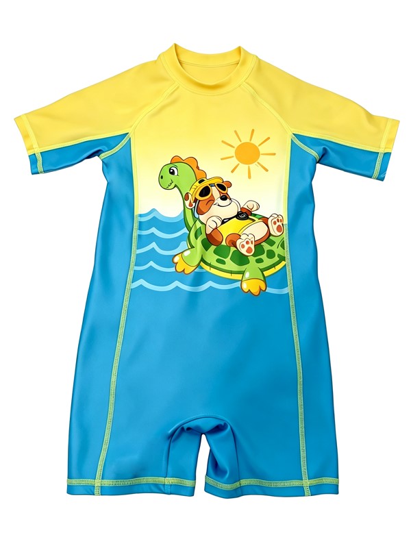 Boy Short Sleeve UV Rashguard Swimsuit in Yellow Print