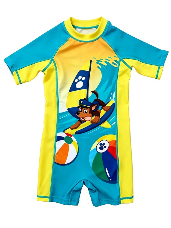 Boy Short Sleeve UV Rashguard Swimsuit in Turquoise Print