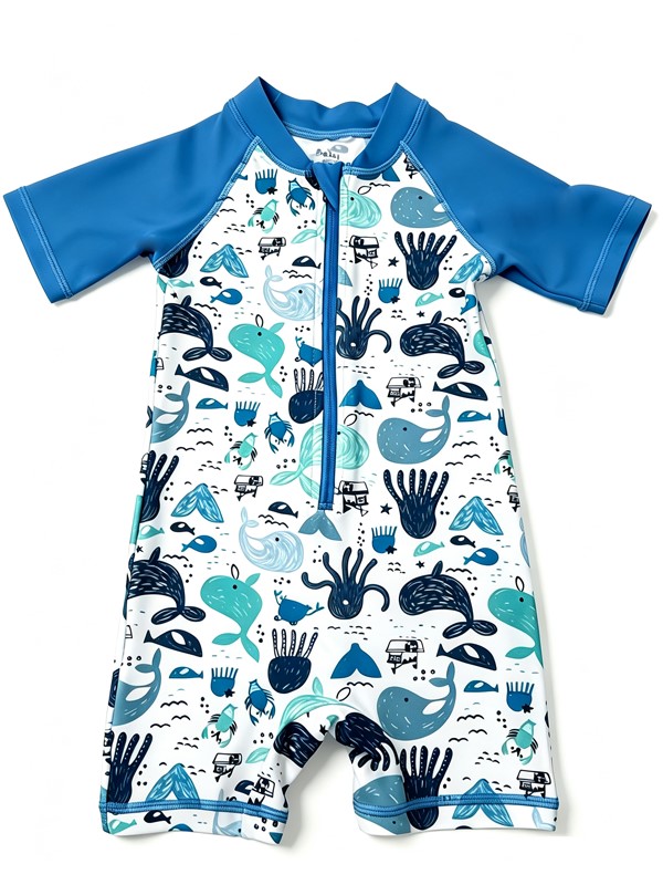 Boy Short Sleeve UV Rashguard Swimsuit in Sea Animal Print