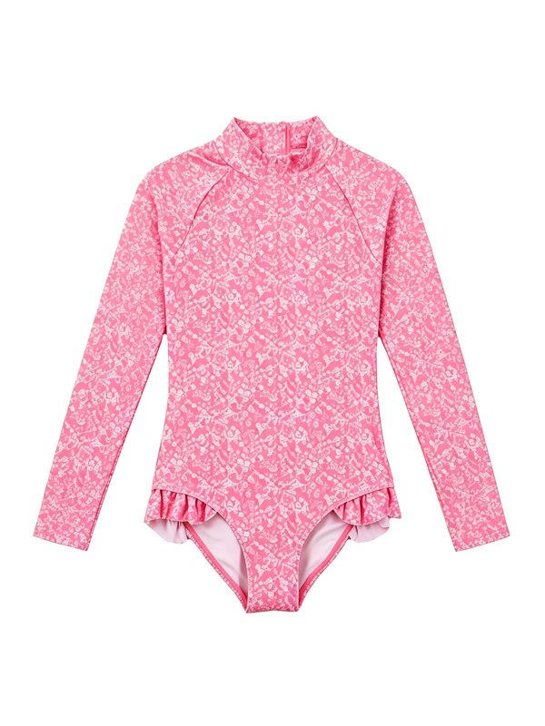 Girl Long Sleeve UV Rashguard Swimsuit in Pink Leaf