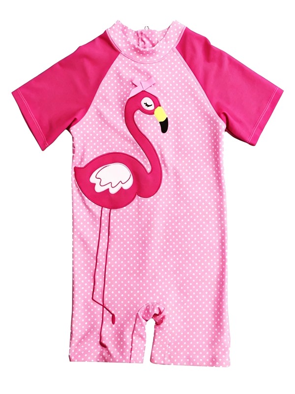 Girl Short Sleeve Flamingo UV Rashguard Swimsuit in Pink Dot