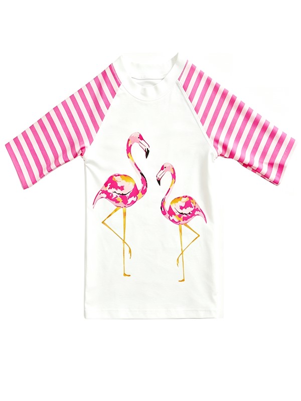 Girl Short Sleeve Flamingo UV Rashguard Swimwear in White