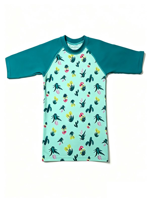 Girl Short Sleeve UV Rashguard Swimwear in Coral Foil Print